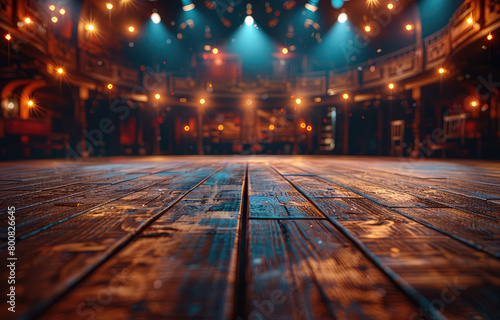 A dramatic shot of the empty stage inside an old, wooden playhouse with glowing lanterns hanging from its balcony railings and a darkened audience area in the background. Created with Ai photo