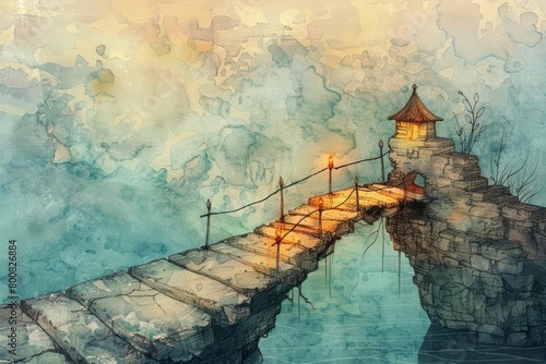 Communication bridges gaps, words like stepping stones that span the rivers of misunderstanding, kawaii water color photo