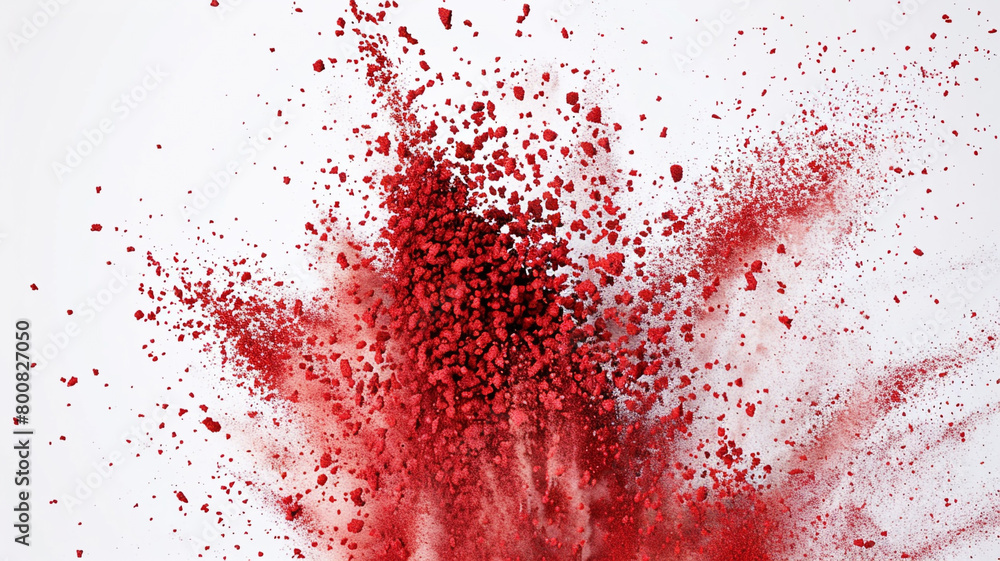  Captivating display of red chalk particles erupting in a vibrant explosion against a pure white backdrop