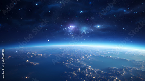 View of Earth from space with stars and galaxies in the background