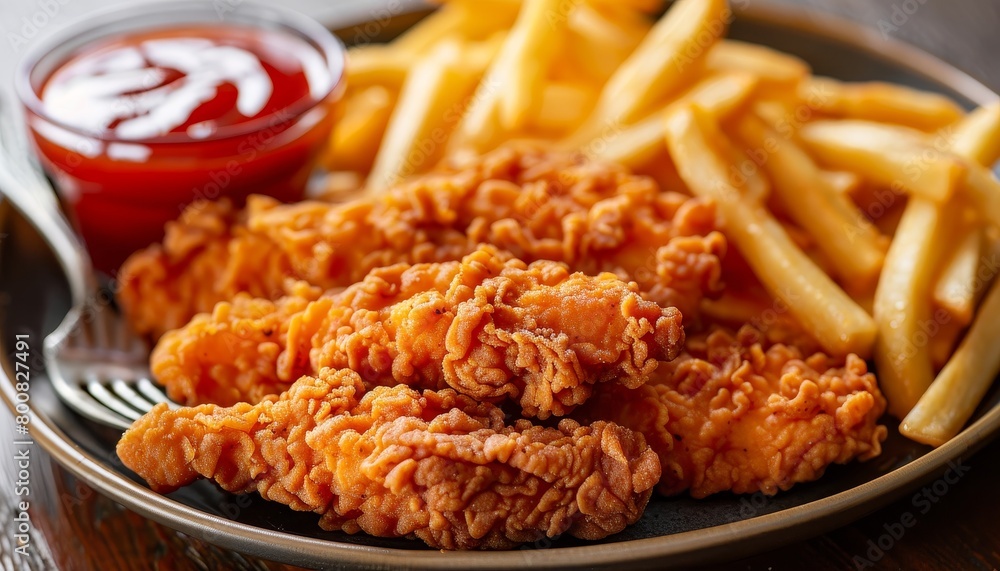 Chicken tender or strip entree with fries and ketchup Chicken tender or strip entree with fries and ketchup