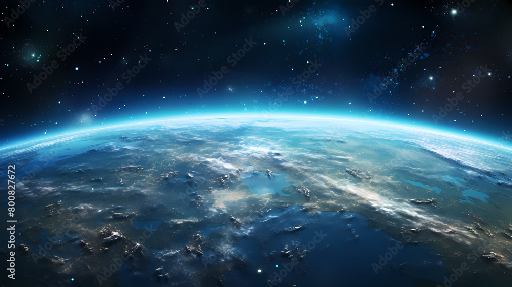 View of Earth from space with stars and galaxies in the background View of Earth from space with stars and galaxies in the background