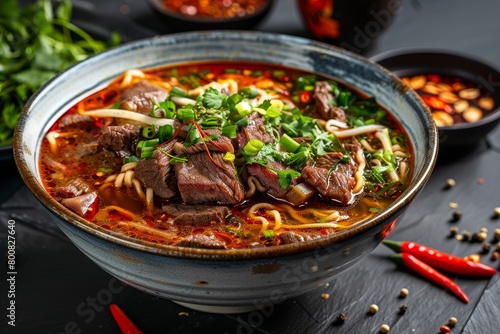 Bowl of spicy red beef noodle soup