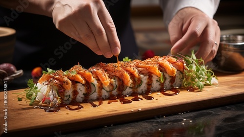 A sushi chef expertly rolling a dragon roll with precision at restaurant. 
