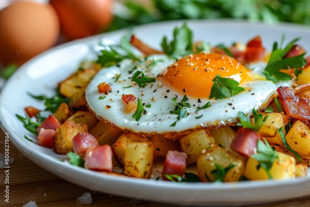 Breakfast hash with potato onion ham and fried egg Breakfast hash with potato onion ham and fried egg
