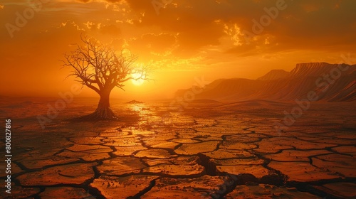 A tree is in the middle of a desert with a sunset in the background photo