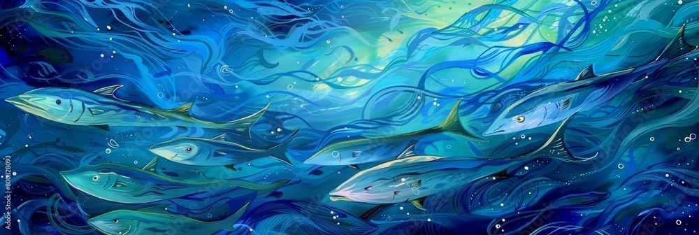 Mackerel swarm in a dance of survival, their iridescent bodies a swirl of silver under the sea, kawaii water color