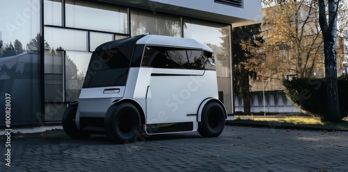 Silent and sleek, the white electric vehicle stands gracefully in front of the modern, towering building, embodying sustainable innovation