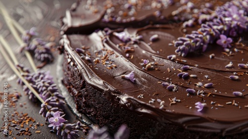 A chocolate torte adorned with dried lavender flowers served as a decadent dessert.