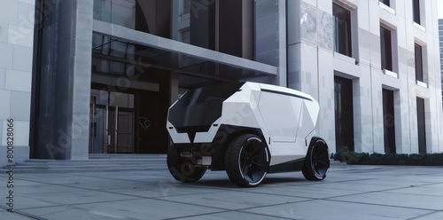 Silent and sleek, the white electric vehicle stands gracefully in front of the modern, towering building, embodying sustainable innovation photo