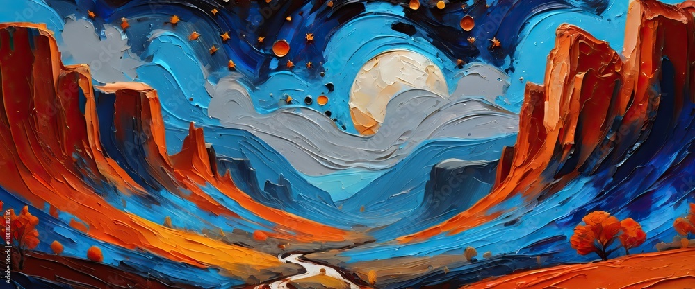 Fototapeta premium Beautiful valley landscape with starry sky, oil painting