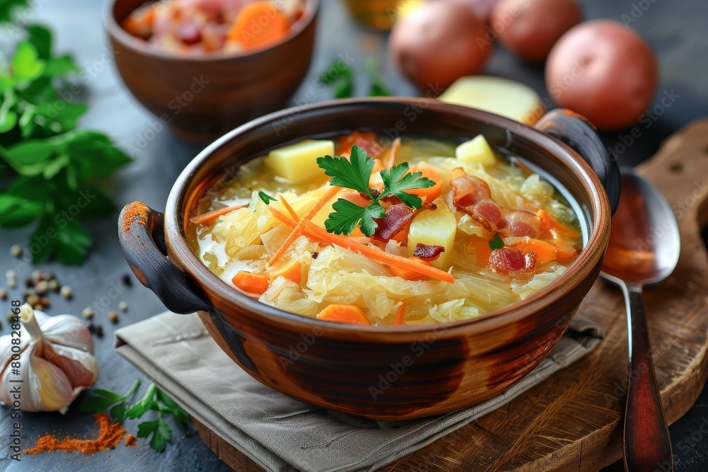 Cabbage soup with veggies and bacon