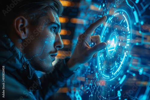 A focused businessman interacts with a floating virtual screen, Adult in formal attire interacts with futuristic interface; glowing blue lock symbol central focus. Concept of cybersecurity.