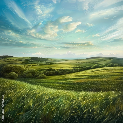 Produce an art piece highlighting the tranquil beauty of endless green pastures under a clear sky, emphasizing the peacefulness of nature