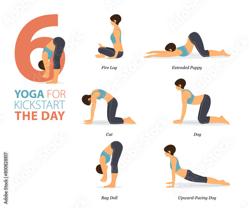 6 Yoga poses or asana posture for workout in start the day concept. Women exercising for body stretching. Fitness infographic. Flat cartoon 