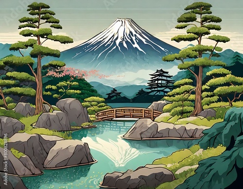 日本庭園と富士山のイラスト