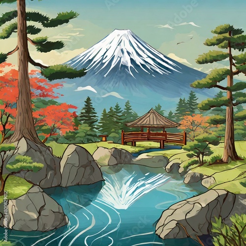 日本庭園と富士山のイラスト