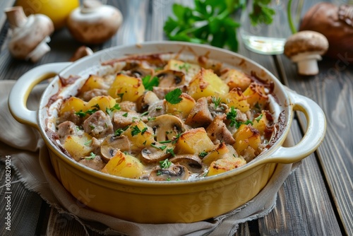 Casserole with potato meat and mushrooms photo