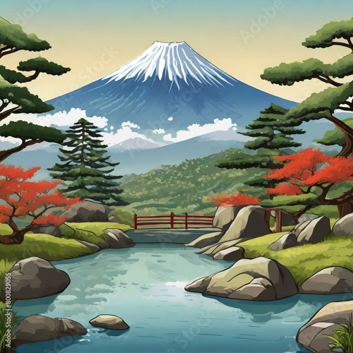日本庭園と富士山のイラスト