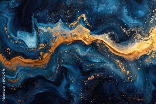 A digital art piece featuring an abstract background with swirling golden waves on dark blue silk. Created with Ai