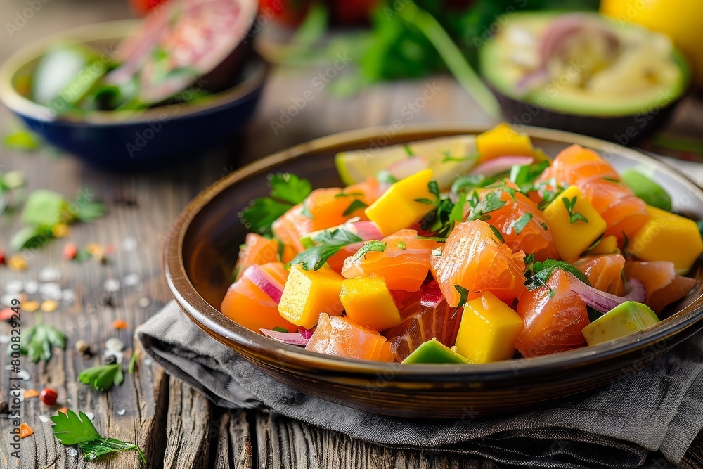 Ceviche made with salmon lemon mango avocado on wood table Ceviche made with salmon lemon mango avocado on wood table