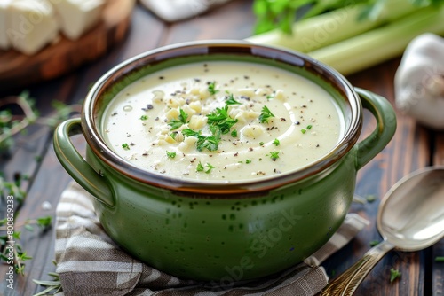 Celeriac soup in green bowl with fresh thyme and celery perfect for fall