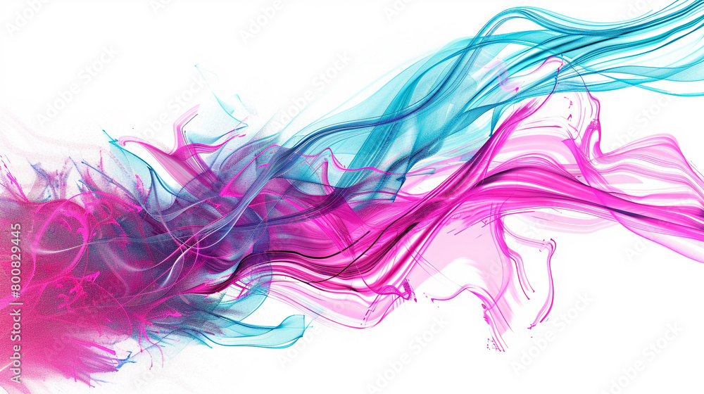 Vivid pink neon lightning streaks amidst energetic cyan wave patterns, isolated on a solid white background.