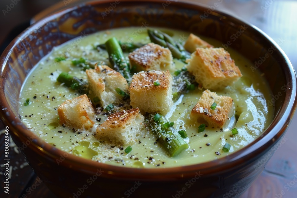 Cheesy asparagus soup with homemade croutons