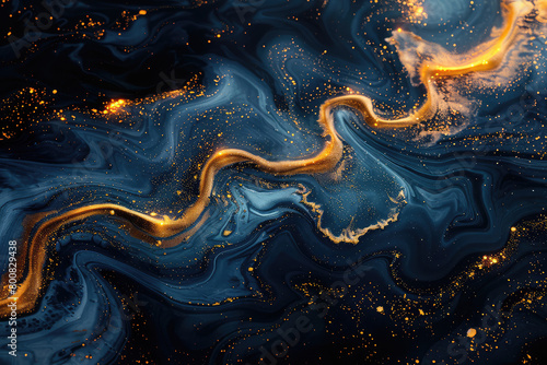 Abstract dark blue and gold swirls with golden glitter, flowing like water in an ethereal background. Created with Ai