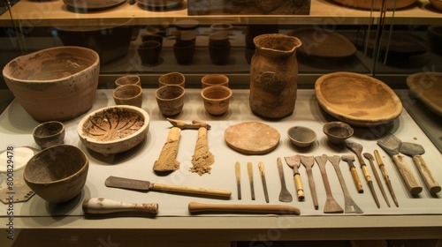 A display of various tools and materials used in advanced wheelthrowing from shaping ribs to glazes..