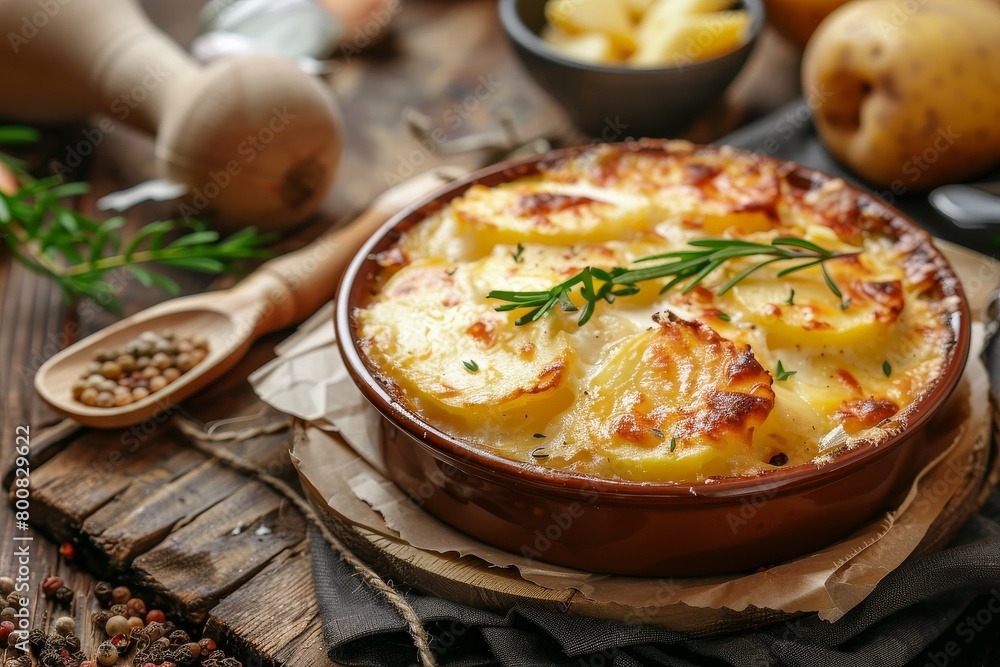 Cheesy potato gratin on rustic surface Cheesy potato gratin on rustic surface