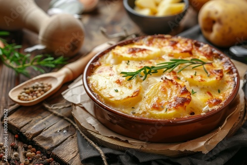 Cheesy potato gratin on rustic surface