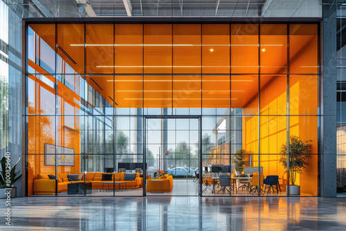 A creative office space with circular glass windows, illuminated by warm orange lights and modern furniture inside the room. Created with Ai