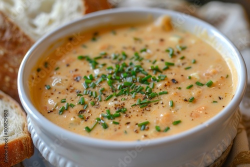 Cheesy soup with homemade beer and chives served with bread