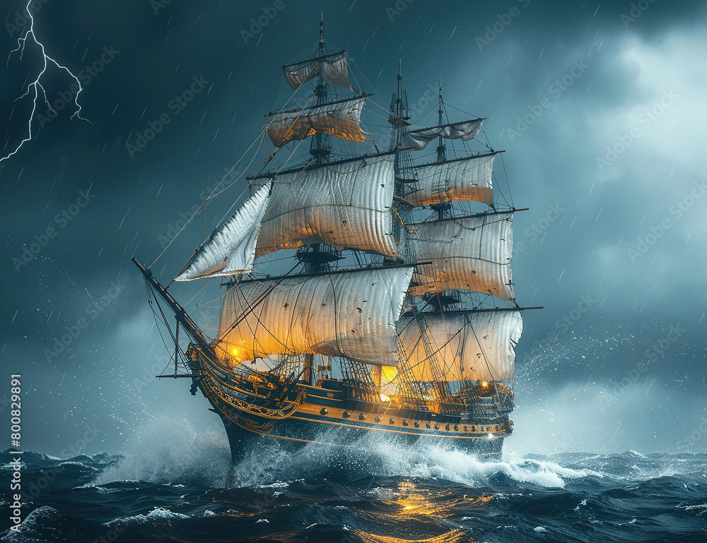 Pirate ship sailing in the middle of a storm and strong wave of the sea, the sea waves are very high and big, lightning also strkes in the middle of storm