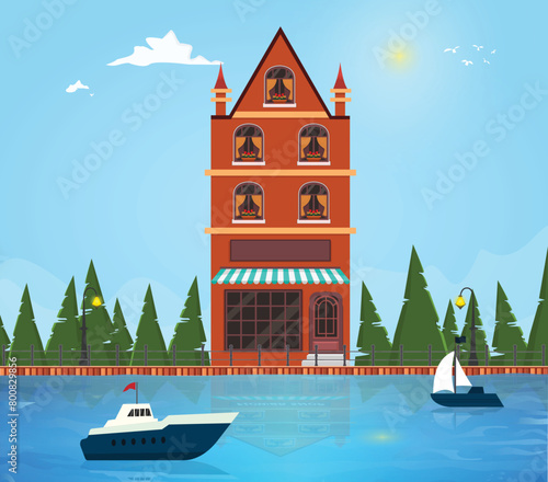 Modern apartment in front of lake, river wooden cottage residential home building or bungalow nature vector illustration