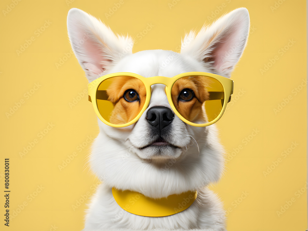 A dog wearing yellow sunglasses and a yellow collar