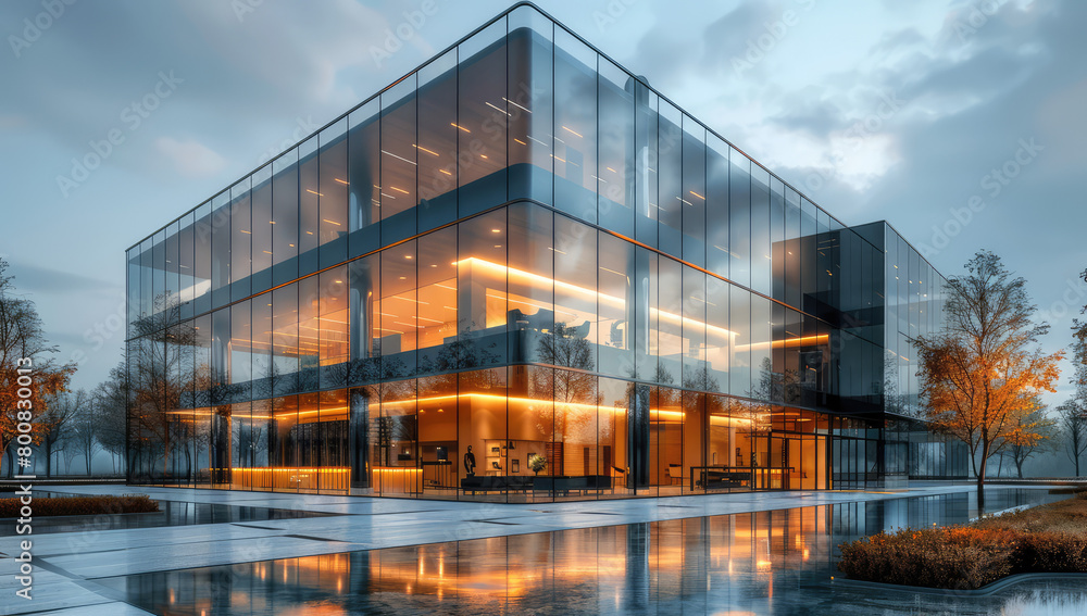 Modern office building exterior with glass walls and illuminated windows, high resolution rendering, architectural visualization, square shape. Created with Ai