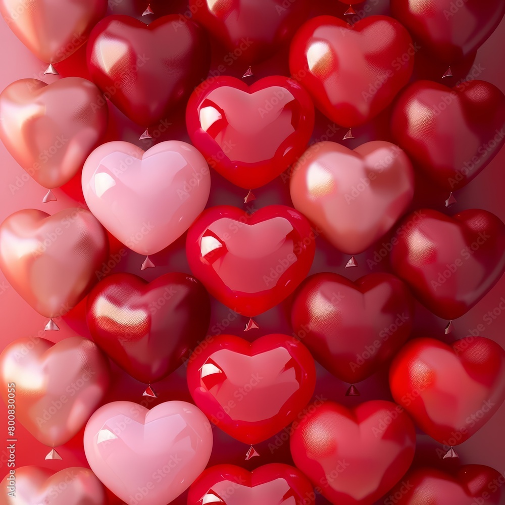 Vibrant holiday background filled with heartshaped balloons in various shades of red