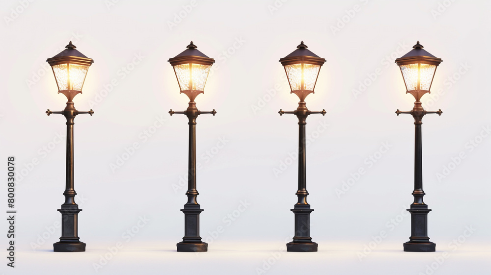 Four cozy ground lamps standing gracefully, creating a serene ambiance, captured against a clear white backdrop