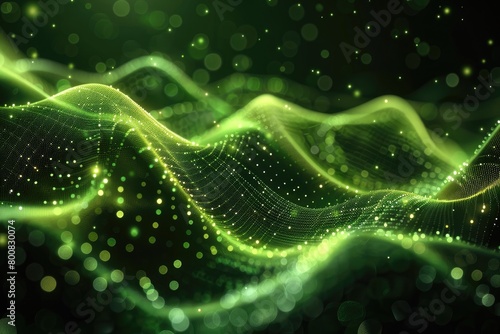Abstract technology flow background. Futuristic green dots background with a dynamic wave. 3d rendering