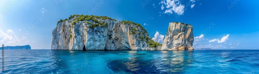 White rocks on the top part of the island floating above the water level, creating a stunning contrast with the azure sea below