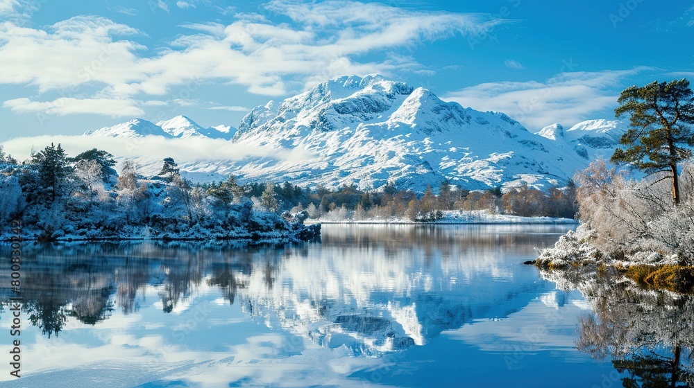 This is a beautiful landscape image of snow-capped mountains in the distance with a lake in front, surrounded by green hills and trees. The sky is blue and there are some clouds.

