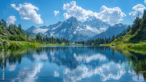 Beautiful lake with clear water and reflection of mountain range in background. Created with Ai