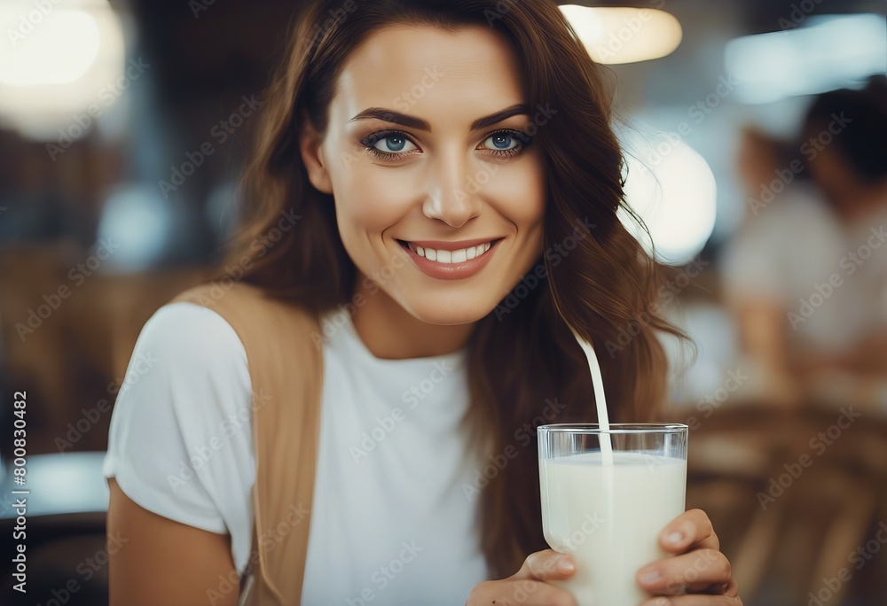 drinking milk away looking brunette woman Happy drinking milk away looking brunette woman Happy