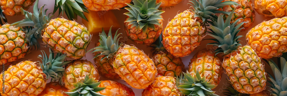 A vibrant array of pineapples packed together creating a tropical pattern on a warm-toned background, perfect for summer concepts A vibrant array of pineapples packed together creating a tropical pattern on a warm-toned background, perfect for summer concepts