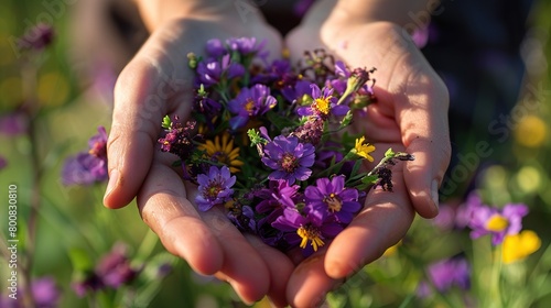 A person is holding a handful of purple and yellow flowers in their hands. The flowers are mostly purple with a few yellow ones mixed in. The background is blurry and looks like a field of flowers.