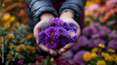 A person is holding a handful of purple and yellow flowers in their hands. The flowers are mostly purple with a few yellow ones mixed in. The background is blurry and looks like a field of flowers.