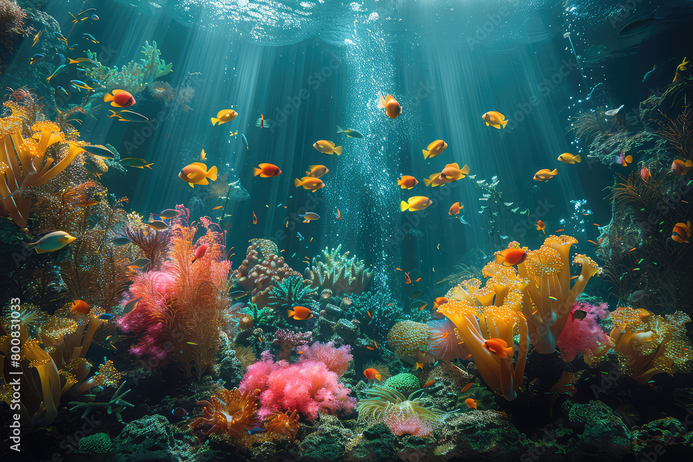 A vibrant coral reef teeming with colorful fish and intricate sea life, rendered in the style of an oil painting. Created with Ai