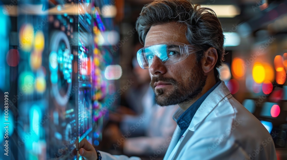 A man in a lab coat is looking at a computer screen with a lot of numbers A man in a lab coat is looking at a computer screen with a lot of numbers